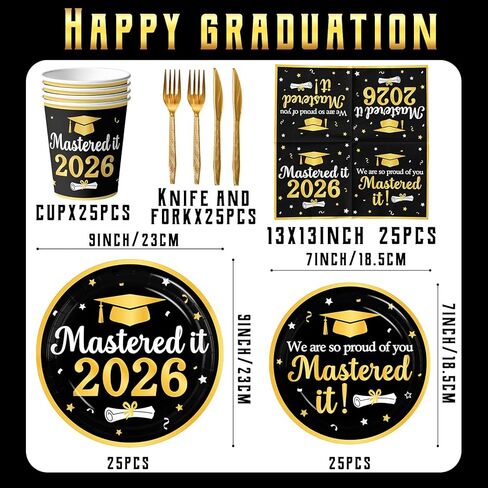ديكورات التخرج فئة 2026، الذهب الأسود Mastered It 2026 أطباق ورقية للاستعمال مرة واحدة ومناديل وأكواب لمستلزمات حفلات التخرج بالمدرسة الثانوية في الكلية الرئيسية تخدم 25 in Kuwait