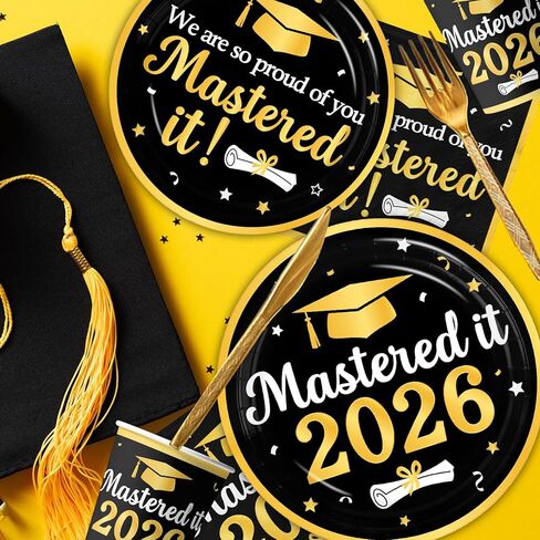 ديكورات التخرج فئة 2026، الذهب الأسود Mastered It 2026 أطباق ورقية للاستعمال مرة واحدة ومناديل وأكواب لمستلزمات حفلات التخرج بالمدرسة الثانوية في الكلية الرئيسية تخدم 25 in Kuwait