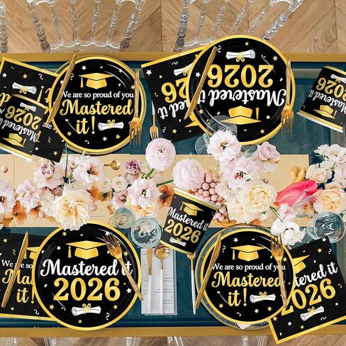ديكورات التخرج فئة 2026، الذهب الأسود Mastered It 2026 أطباق ورقية للاستعمال مرة واحدة ومناديل وأكواب لمستلزمات حفلات التخرج بالمدرسة الثانوية في الكلية الرئيسية تخدم 25 in Kuwait