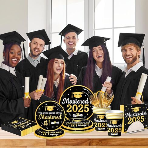 ديكورات التخرج فئة 2026، الذهب الأسود Mastered It 2026 أطباق ورقية للاستعمال مرة واحدة ومناديل وأكواب لمستلزمات حفلات التخرج بالمدرسة الثانوية في الكلية الرئيسية تخدم 25 in Kuwait