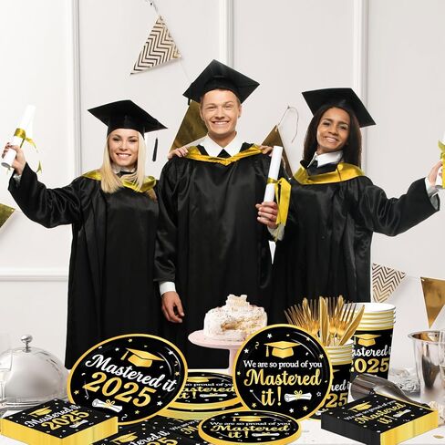 ديكورات التخرج فئة 2026، الذهب الأسود Mastered It 2026 أطباق ورقية للاستعمال مرة واحدة ومناديل وأكواب لمستلزمات حفلات التخرج بالمدرسة الثانوية في الكلية الرئيسية تخدم 25 in Kuwait