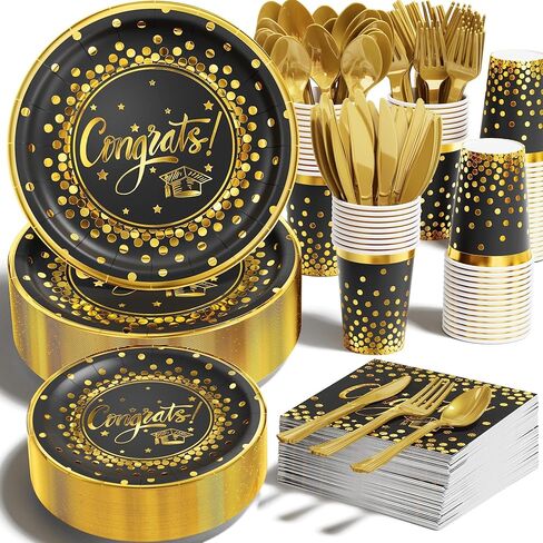 Ecomore 2026 Graduation Party Decoration - 350 PCS Blue Gold Grad Supplies Disposable Dinnerware (Severs 50) w/ Congrats Paper Plates Napkin Cup Plastic Cutlery for College High School Class of 2026 in Saudi Arabia