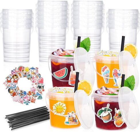 30 Pcs Drink Buckets for Parties with Lids and Straws Rum Plastic Clear Cocktails Disposable Containers Bucket with 50 Pcs Summer Stickers for Pool Picnic Party in Saudi Arabia