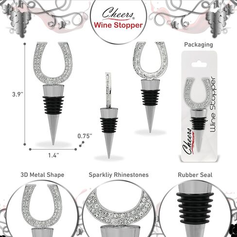 سدادة زجاجة النبيذ من Cheers Silver Horse Shoe مع كريستالات حجر الراين - غطاء ختم غربي متلألئ لطيف لزجاجات النبيذ، هدايا بار فريدة للنساء والرجال in Kuwait