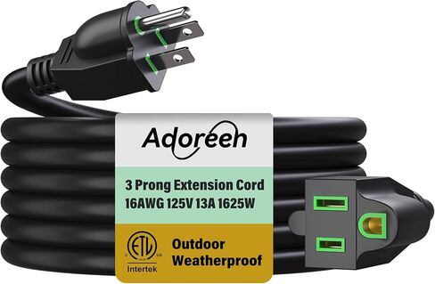 Adoreen سلك تمديد الطاقة في الهواء الطلق 30 قدمًا، 3 شقوق 16 AWG سلك مؤرض كابل كهربائي مقاوم للطقس شديد التحمل لمصباح إضاءة عيد الميلاد الداخلي، 13 أمبير 125 فولت 1625 وات، SJTW-ETL- أسود مع أخضر in Saudi Arabia