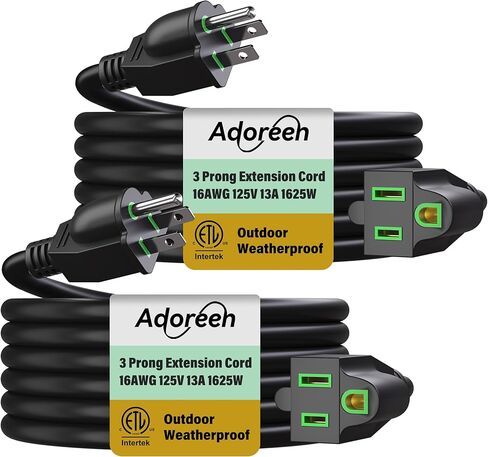 Adoreen Outdoor Power Extension Cord 30 Ft, 3 Prong 16 AWG Grounded Wire Heavy Duty Weatherproof Electric Cable for Indoor Christmas Light Lamp, 13A 125V 1625W, SJTW-ETL- Black with Green in Saudi Arabia