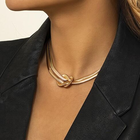 Chunky Double Layer Snake Chain Choker Necklaces for Women, Statement Twisted Knot Bow Long Link Chain Lariat Necklace Thick Punk Hip Hop Jewelry Gifts in Saudi Arabia