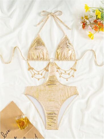 SweatyRocks Women's Metallic One Piece Swimsuits Sexy High Cut Triangle Halter Bathing Suit Swimwear in Saudi Arabia
