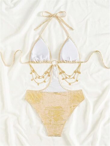 SweatyRocks Women's Metallic One Piece Swimsuits Sexy High Cut Triangle Halter Bathing Suit Swimwear in Saudi Arabia