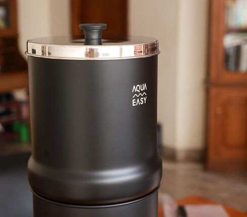 نظام تصفية مياه الجاذبية من الفولاذ المقاوم للصدأ المعتمد AquaEasy NSF/ANSI 372 (2.25 جالون) فلتر كربون منشط 2X، صنبور من الفولاذ المقاوم للصدأ وحامل خشبي | نظام تنقية المياه على سطح العمل (أسود) in Kuwait