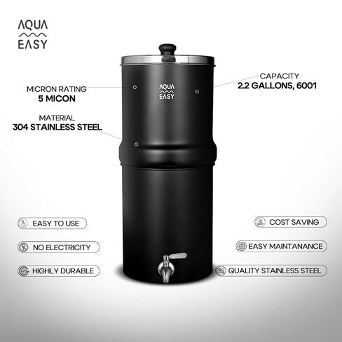 نظام تصفية مياه الجاذبية من الفولاذ المقاوم للصدأ المعتمد AquaEasy NSF/ANSI 372 (2.25 جالون) فلتر كربون منشط 2X، صنبور من الفولاذ المقاوم للصدأ وحامل خشبي | نظام تنقية المياه على سطح العمل (أسود) in Kuwait