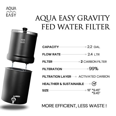 نظام تصفية مياه الجاذبية من الفولاذ المقاوم للصدأ المعتمد AquaEasy NSF/ANSI 372 (2.25 جالون) فلتر كربون منشط 2X، صنبور من الفولاذ المقاوم للصدأ وحامل خشبي | نظام تنقية المياه على سطح العمل (أسود) in Kuwait