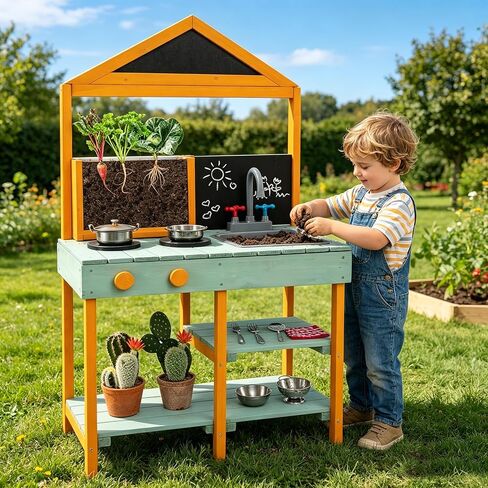 HONEY JOY Mud Kitchen, Cedar Wood Pretend Play Kitchen for Toddlers, Plant Growing Box & Trellis, Real Faucet w/Running Water, Sink, Accessories, Outdoor Kids Kitchen Playset for Garden Fun(Natural) in Saudi Arabia