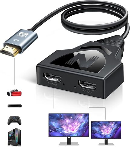 NEWCARE 4K HDMI Cable Splitter 1 in 2 Out with 2.6ft Integrated HDMI 2.0 Cable, 4K@30Hz One Male to Two Female HDMI Splitter, Mirror Only for Two Monitors, Compatible with PS5/4, HDTV, 1080P in Saudi Arabia