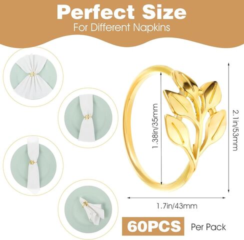 60 Pcs Leaf Napkin Rings Metal Gold Holder Table Napkin Rings for Dining Table Parties Everyday in Saudi Arabia