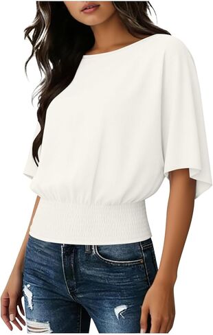 Short Batwing Sleeve Tops for Womens Crew Neck with Elastic Waistband Hem Blouse Solid Flowy Loose Pullover Clothes in Kuwait