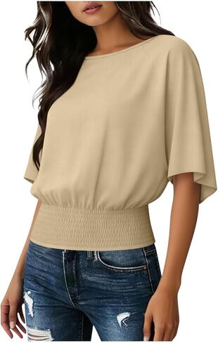 Short Batwing Sleeve Tops for Womens Crew Neck with Elastic Waistband Hem Blouse Solid Flowy Loose Pullover Clothes in Kuwait