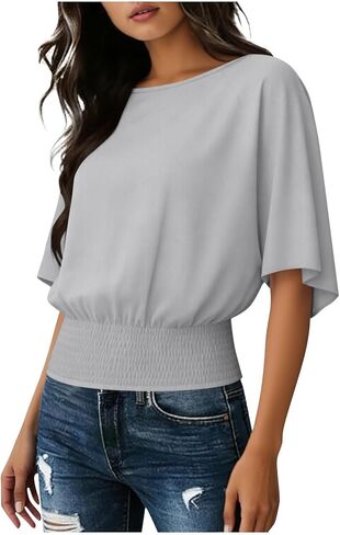 Short Batwing Sleeve Tops for Womens Crew Neck with Elastic Waistband Hem Blouse Solid Flowy Loose Pullover Clothes in Kuwait
