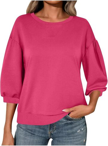 Womens Three Quarter Puff Sleeve Tops Casual Crew Neck Shirts Banded Hem Pullover Blouse Slouchy Tees in Saudi Arabia
