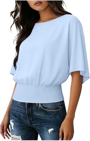 Short Batwing Sleeve Tops for Womens Crew Neck with Elastic Waistband Hem Blouse Solid Flowy Loose Pullover Clothes in Kuwait