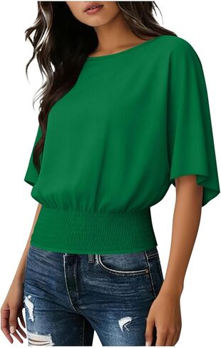 Short Batwing Sleeve Tops for Womens Crew Neck with Elastic Waistband Hem Blouse Solid Flowy Loose Pullover Clothes in Kuwait
