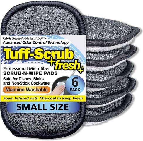 Fresh Scrub-N-Wipe Pad by Tuff-Scrub, 6-Pack, Antimicrobial & Charcoal Foam for Odor Control, Microfiber, Multi-Surface, Non-Scratch, Dual-Sided, Machine Washable, Kitchen Sponge (Small) in Saudi Arabia