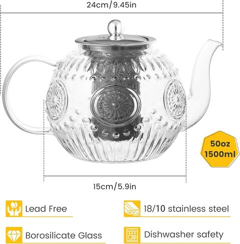 Amzcku 50OZ/1500ml Vintage Glass Teapot with Removable Infuser – Stovetop Safe, Borosilicate Glass Tea Kettle for Blooming & Loose Leaf Tea in Saudi Arabia