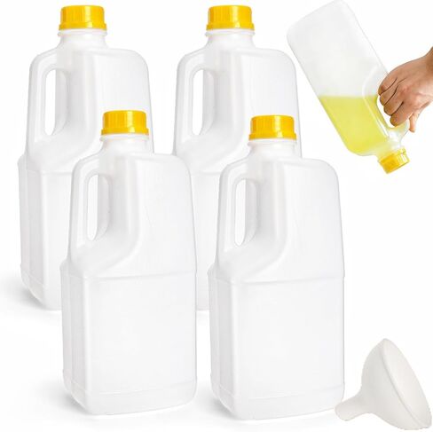 Noamus 4 Pack 64Oz Plastic Juice Bottles with Funnel, 2L HDPE Large Empty Container Yellow Tamper Evident Caps, Half Gallon Beverage Bottle Lid&Handle, Food Grade for Refrigerator Milks Water Honey in Saudi Arabia