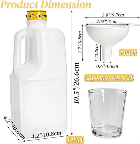 Noamus 4 Pack 64Oz Plastic Juice Bottles with Funnel, 2L HDPE Large Empty Container Yellow Tamper Evident Caps, Half Gallon Beverage Bottle Lid&Handle, Food Grade for Refrigerator Milks Water Honey in Saudi Arabia