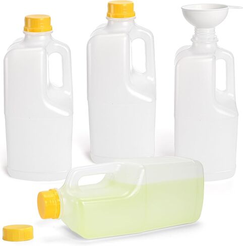 Noamus 4 Pack 64Oz Plastic Juice Bottles with Funnel, 2L HDPE Large Empty Container Yellow Tamper Evident Caps, Half Gallon Beverage Bottle Lid&Handle, Food Grade for Refrigerator Milks Water Honey in Saudi Arabia