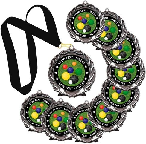 10 قطع من ميدالية جائزة Bocce Ball، حدد النص المخصص الخاص بك على تصميم ميدالية جائزة Bocce Ball. قطر كبير 2-3/4 بوصة، ميدالية عالية الجودة مصنوعة من سبائك معدنية ثقيلة. مطبوعة ومعبأة في الولايات المتحدة الأمريكية in Kuwait