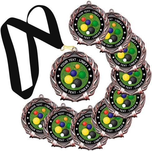 10 قطع من ميدالية جائزة Bocce Ball، حدد النص المخصص الخاص بك على تصميم ميدالية جائزة Bocce Ball. قطر كبير 2-3/4 بوصة، ميدالية عالية الجودة مصنوعة من سبائك معدنية ثقيلة. مطبوعة ومعبأة في الولايات المتحدة الأمريكية in Kuwait