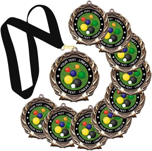 10 قطع من ميدالية جائزة Bocce Ball، حدد النص المخصص الخاص بك على تصميم ميدالية جائزة Bocce Ball. قطر كبير 2-3/4 بوصة، ميدالية عالية الجودة مصنوعة من سبائك معدنية ثقيلة. مطبوعة ومعبأة في الولايات المتحدة الأمريكية in Kuwait