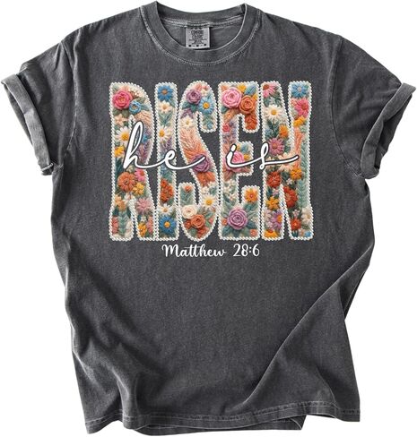 Comfort Colors He is Risen Christian T-Shirt Floral Matthew 28:6 Easter Faith Tee Espresso in Saudi Arabia