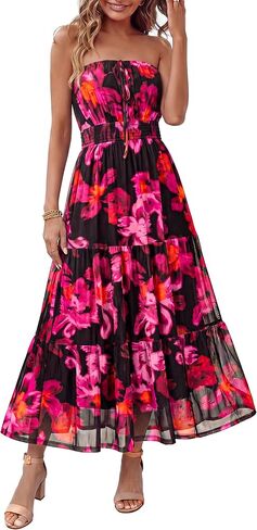 Simplee Women's Summer Maxi Dresses 2026 Elegant Strapless Boho Floral Mesh Vacation Beach Dress Wedding Guest Dresses in Saudi Arabia