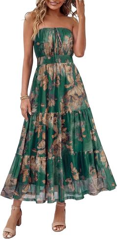 Simplee Women's Summer Maxi Dresses 2026 Elegant Strapless Boho Floral Mesh Vacation Beach Dress Wedding Guest Dresses in Saudi Arabia