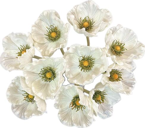 10 Stems Artificial Poppies Real Touch PU Fake Latex Flowers for Wedding Holiday Bridal Bouquet Home Party Decor (White) in Saudi Arabia
