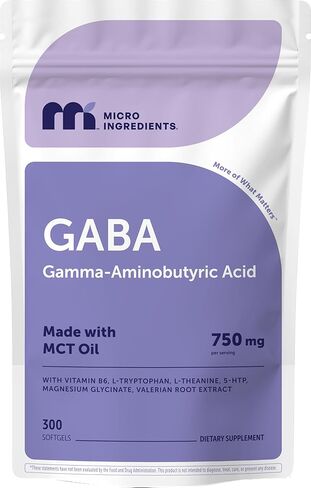 Micro Ingredients GABA 750 mg with MCT Oil, 300 Softgels | Gamma Aminobutyric Acid with Vitamin B6, 5-HTP, L-Theanine, L-Tryptophan & Magnesium Glycinate | Non-GMO, cGMP Manufactured in Saudi Arabia