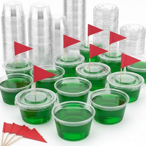 100 مجموعة من زينة طاولات حفلات الجولف بوزن 2 أونصة من أكواب الجيلي مع أغطية وأعلام مسواك حمراء للاستعمال مرة واحدة لتزيين أكواب سوفلي لمحبي الجولف ومستلزمات الحفلات قطعة مركزية لتناول الطعام in Kuwait
