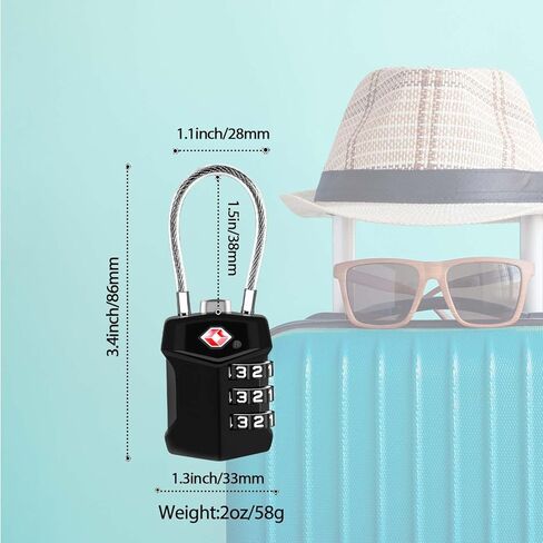 TSA Approved Travel Luggage Locks, Cable Combination Lock Alloy, Metal Keyless 3-Digit Padlocks, Weatherproof Accepted Padlock for Gym Locker, Golf Bag Case, Backpack, Black in Saudi Arabia