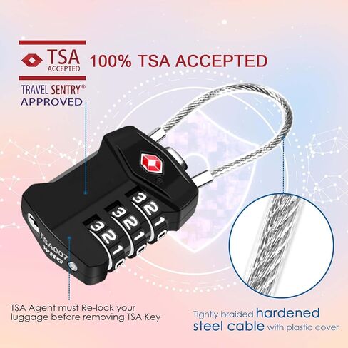 TSA Approved Travel Luggage Locks, Cable Combination Lock Alloy, Metal Keyless 3-Digit Padlocks, Weatherproof Accepted Padlock for Gym Locker, Golf Bag Case, Backpack, Black in Saudi Arabia