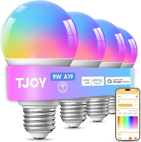 TJOY 4 حزمة لمبات الإضاءة الذكية، لمبة LED واي فاي بلوتوث تعمل مع Alexa & Google Assistant، مصابيح Alexa متغيرة اللون RGB، مزامنة الموسيقى، 2700K-6500K، 9W(ما يعادل 60W)، A19 E26 800LM، 2.4 جيجا هرتز WiFi فقط in Kuwait