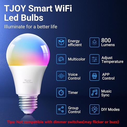 TJOY 4 Pack Smart Light Bulbs, Bluetooth WiFi Led Bulb Work with Alexa &Google Assistant, RGB Color Changing Alexa Bulbs, Music Sync, 2700K-6500K, 9W(60W Equivalent), A19 E26 800LM, 2.4Ghz WiFi only in Saudi Arabia