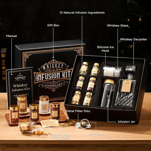 مجموعة هدايا ComboJoy Whisky Infusion Kit للرجال - 12 مكونًا طبيعيًا، الدورق، وعاء التسريب، الزجاج، قالب الثلج - مجموعة منقوع الويسكي والبوربون والروم والكوكتيل من أجله، والأب، والزوج in Saudi Arabia