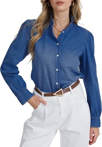Womens Denim Shirt 2026 Casual Denim Button Down Shirt Women Ruffle Collar Business Jean Blouses for Women in Saudi Arabia