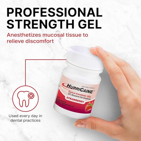 HurriCaine Topical Anesthetic Gel 1oz – Fast-Acting 20% Benzocaine for Temporary Relief of Minor Mouth Irritation Caused by Canker Sores, Dental Procedures & More - OTC, Dye-Free Formula - Strawberry in Saudi Arabia