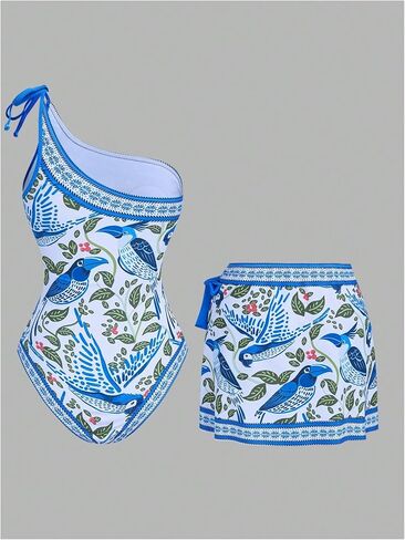 Floerns Women's Tropical One Piece Swimsuit Knot One Shoulder Bathing Suit with Cover Up Skirt in Saudi Arabia