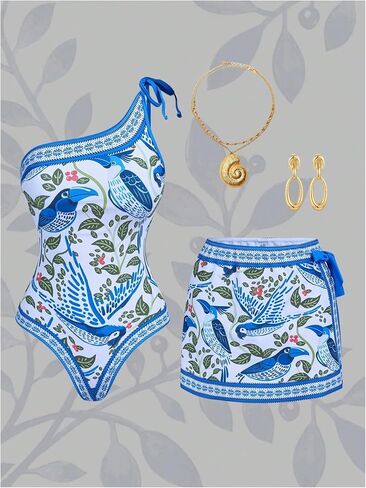 Floerns Women's Tropical One Piece Swimsuit Knot One Shoulder Bathing Suit with Cover Up Skirt in Saudi Arabia