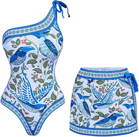 Floerns Women's Tropical One Piece Swimsuit Knot One Shoulder Bathing Suit with Cover Up Skirt in Saudi Arabia