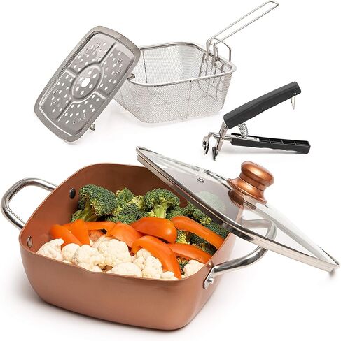 Moss & Stone 5 Pcs Copper Chef Cookware Non Stick Deep Frying Pan, Fry Basket, Steamer Rack, Dishwasher & Oven Safe, 5 Qt Deep Square Pan, Induction Copper Cookware Set - 9.5" x 3.5" in Saudi Arabia
